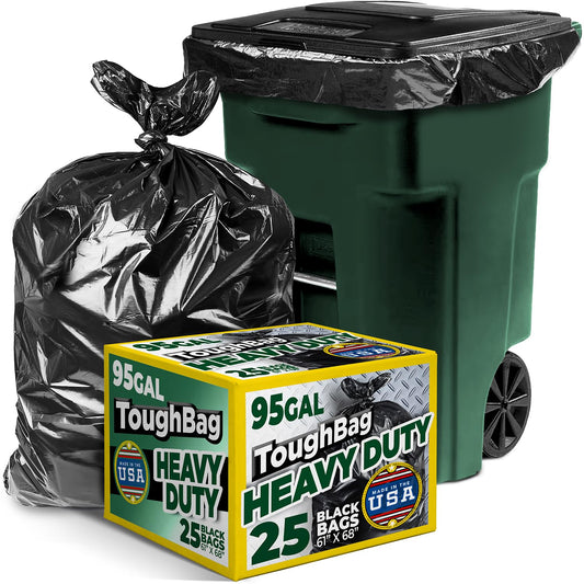 ToughBag 95-96 Gallon Extra-Large Trash Bags, 61x68” Black Garbage Bags, 1.2 Mil Thick (25 COUNT), Heavy-Duty Outdoor 95 Gallon Trash Bags – for Storage, Custodial, Landscape - Made In USA
