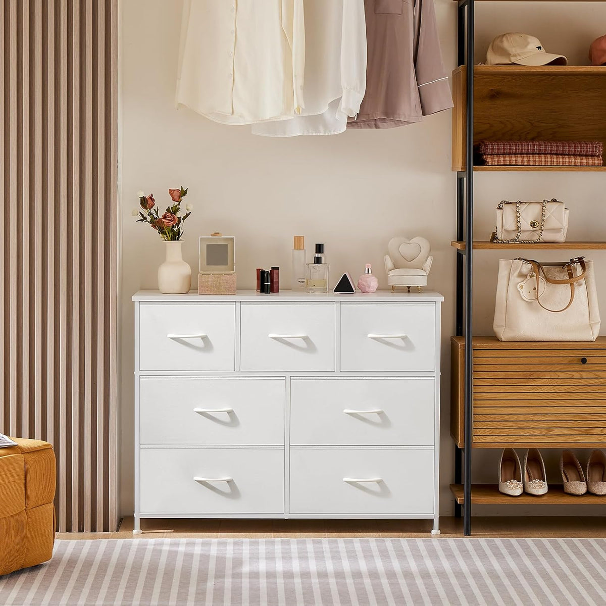 OLIXIS Dresser for Bedroom, 7 Storage Drawers, Wide Fabric Closet Chests Organizer Tower Furniture, TV Stand with Wooden Top Metal Frame for Clothes, Living Room, Hallway, Entryway, Classic White