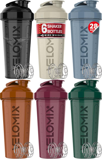 VELOMIX -6 Pack- 28 oz Protein Shaker Bottle for Protein Mixes - 6x Wire Whisk| Leak Proof Shaker Cups