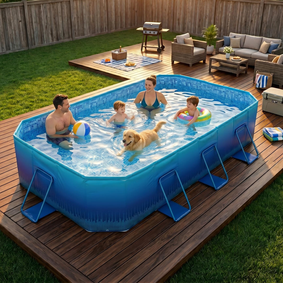 116" Foldable Pool for Kids & Adults,Blue | Non-Inflatable, Metal Frame, Thick PVC Collapsible, Swimming Pool for Kids Family Dogs,Outdoor Summer