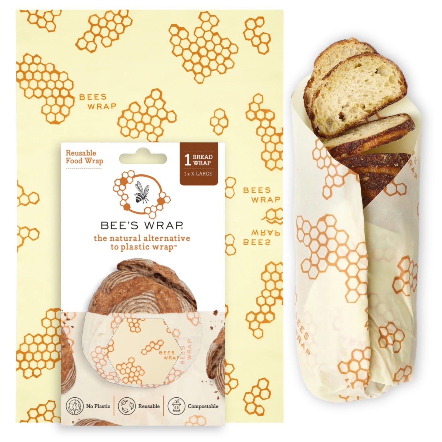 Bee's Wrap Beeswax Wraps for Bread - Beeswax Bread Wrap for Sourdough & Bread Storage - Plastic Free Made in USA Reusable Natural Food Wrap - Honeycomb