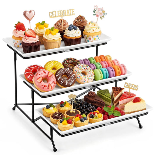 3 Tier Serving Trays for Party, Porcelain Serving Platters and Trays, 12 Inch Tiered Tray Stand, Fruit Tray, Trays for Serving Food, White Dessert Stand with Collapsible Sturdier Metal Rack