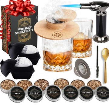 Whiskey Smoker Kit - Cocktail Smoker Kit with Torch, 2 Whiskey Glasses, 2 Ice Ball Makers, 6 Flavors Wood Chips - Old Fashioned Smokers