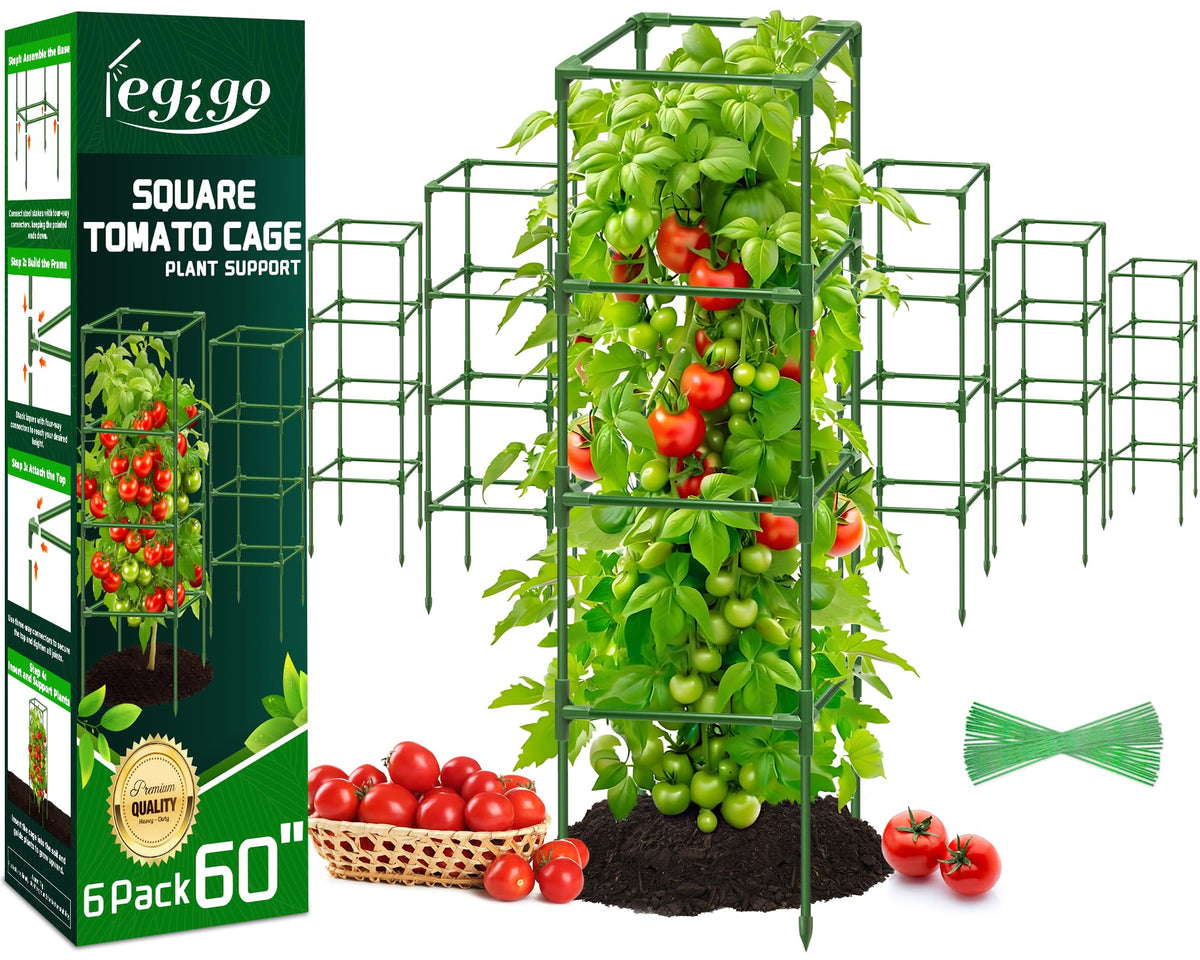 Legigo 6 Pack Square Tomato Cages- 60 Inch Heavy Duty Tomato Trellis for Climbing Plants Outdoor, Tomato Plant Support Stakes Cage Garden Trellis for Garden Raised Garden Bed Cucumbers Vegetables