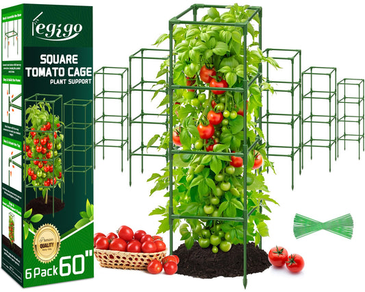 Legigo 6 Pack Square Tomato Cages- 60 Inch Heavy Duty Tomato Trellis for Climbing Plants Outdoor, Tomato Plant Support Stakes Cage Garden Trellis for Garden Raised Garden Bed Cucumbers Vegetables
