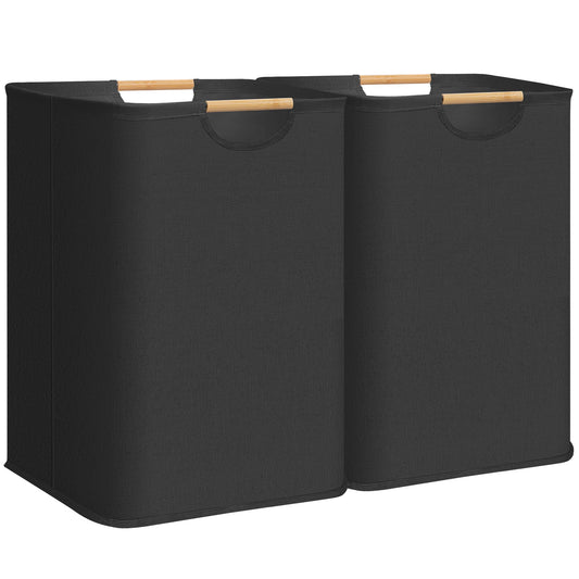 STORAGE MANIAC 2-Pack Large Laundry Hamper, 100L (26.4 Gal) Collapsible Laundry Basket with Bamboo Handles, Freestanding Waterproof Clothes Hamper for Laundry Room, Bedroom, Dorm, Towels, Toys, Black