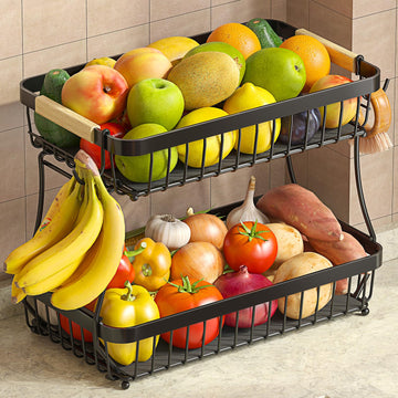 2 Tier Large Fruit Basket for Kitchen Counter with 2 Mobile Banana Hangers, Pro Detachable Metal Fruit Bowl with Wooden Handle, Fruit Holder