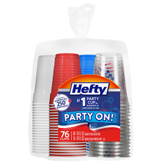 Hefty Party On Disposable Plastic Party Cups, 76 Count, 16 Oz Cups in Assorted Patriotic Colors and 18 Oz Clear Cups with Festive Firework Print for Fourth of July Celebrations and Summer Entertaining