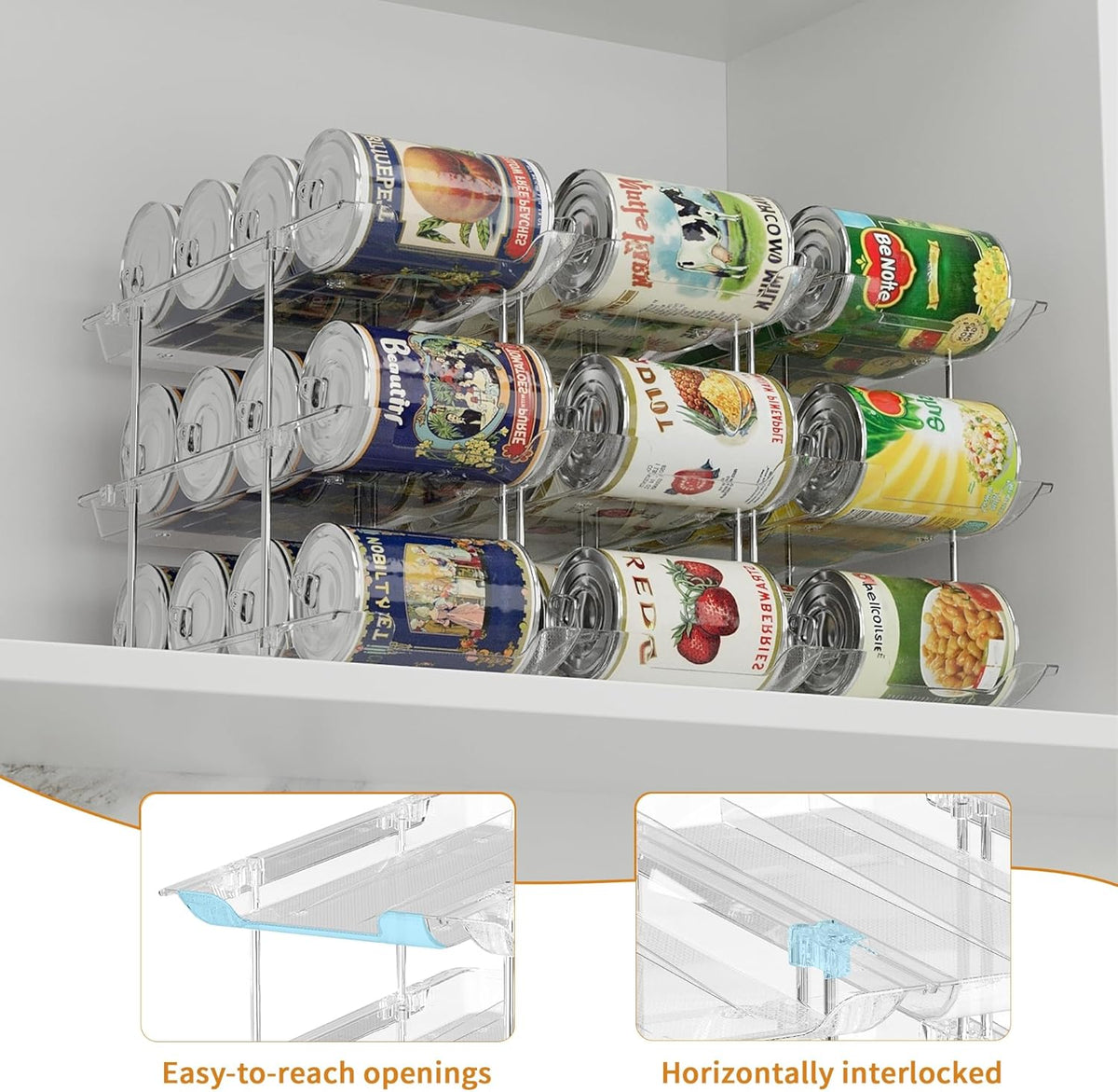 Can Organizer For Pantry Canned Food Goods Organizer For Cabinet Clear Automatic Rolling Can Storage Organizer Pantry Holders Rack, Holds Up to 36 Cans