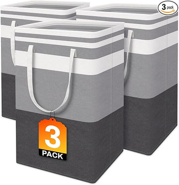 BlissTotes 3-Pack Laundry Basket, Freestanding&Waterproof Laundry Hamper, Collapsible Tall Clothes Hamper with Easy Carry Handles for Clothes