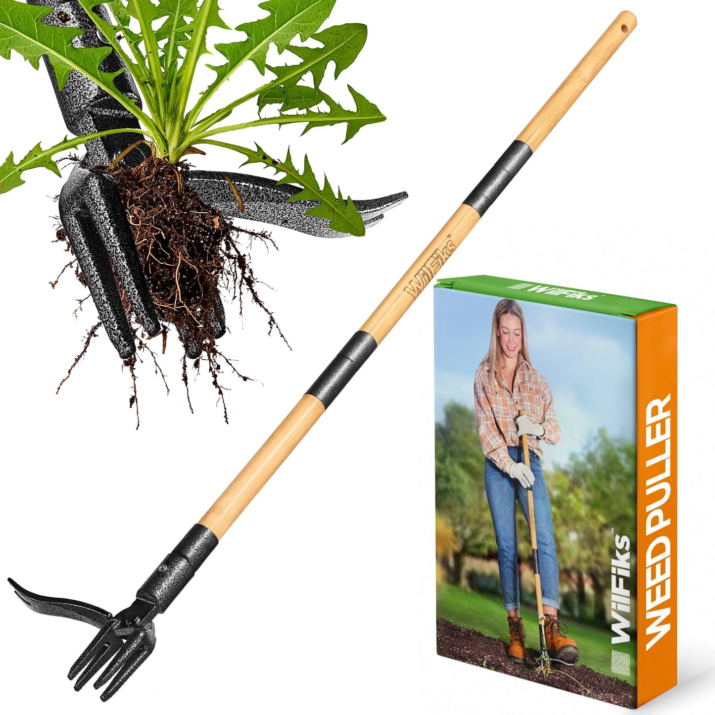 Weed Puller Tool, Stand Up Heavy Duty Weed Remover Tool with Long Handle , Foot Platform Design - 4 Claw Steel Head Weeder Tool, Bamboo Garden Hand Weeding Tool, Smoothly Remove Weeds Without Kneeling