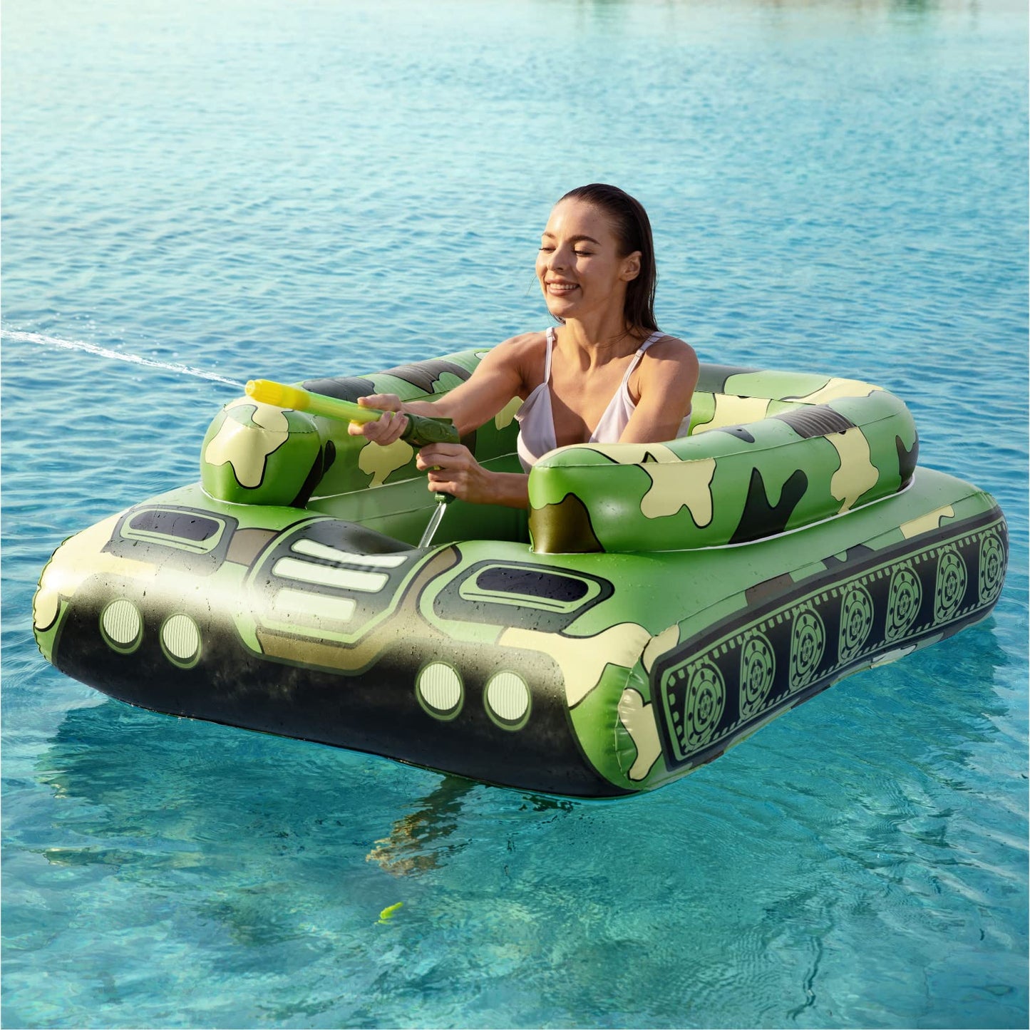 Tank Pool Floats Kids Adults - Jasonwell Inflatable Pool Floaties Swimming Pool Tank with Water Cannon Gun Swim Floaty Rafts Lake Beach Party Pool Toys for Boys Girls Toddlers Kids Adults (Green, L)
