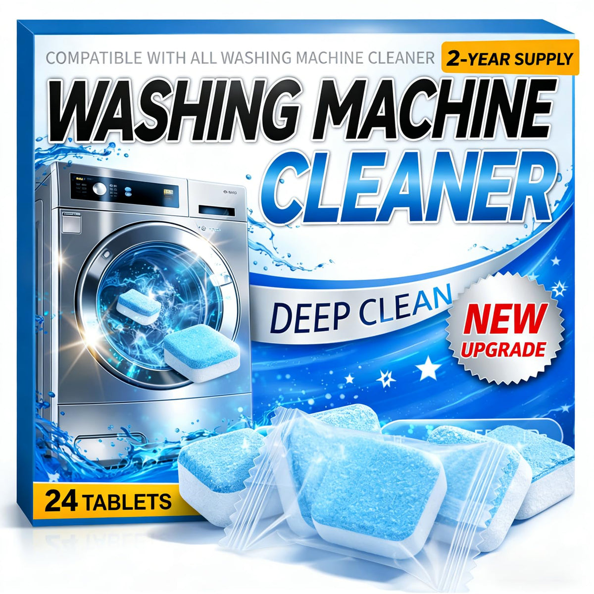 Enzyme Washing Machine Cleaner Tablets (24 Pack) – Protease Laundry Machine Cleaner Descaler for HE, Front Load & Top Load Washer, Deep Clean, Removes Odor, Fur, Residue & Buildup (2-Year Supply)