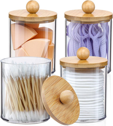 4 Pack Qtip Holder Dispenser with Bamboo Lids - 10 oz Clear Plastic Apothecary Jar Containers for Vanity Makeup Organizer Storage