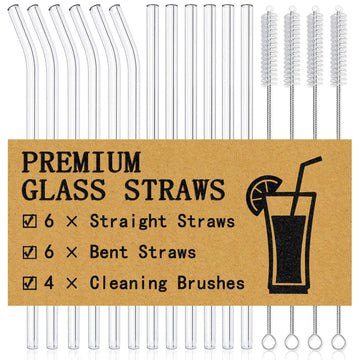 Piteno® 16-Pack Reusable Glass Straws Set, Clear Glass Drinking Straws, 8.5''x10MM, Set of 6 Straight and 6 Bent with 4 Cleaning Brushes, Perfect