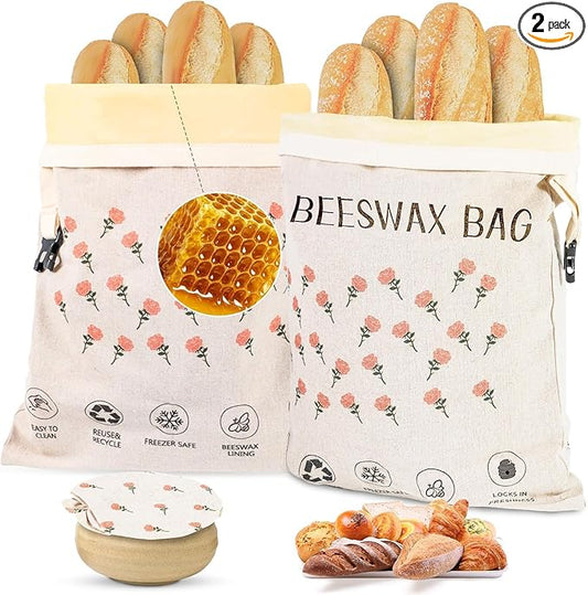2 Pack Beeswax Bread Bag,17"×13"Reusable Organic Bread Bags for Homemade Bread Sourdough,Linen Outer Lining and Pure Cotton Beewax Inner Lining Moisture-proof &Fresh-Preserving With Buckle&Bowl Covers