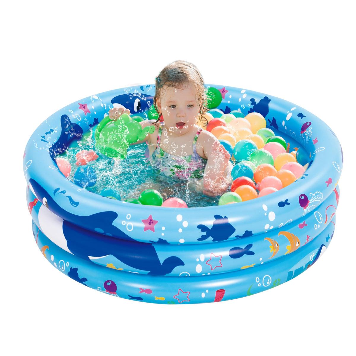Sloosh Inflatable Kiddie Pool, 34"x10" Blow Up Kid Swimming Pool, 3 Rings Blue Baby Pool for Toddler, Play Pit for Dog with Ocean Whale Pattern for Summer Water Party Backyard Garden(Whale)