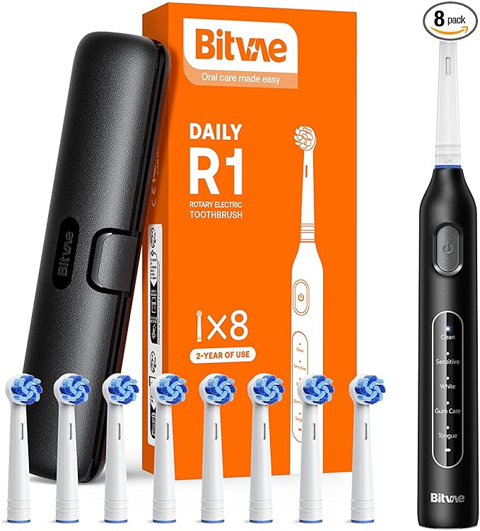 Bitvae R1 Rotating Electric Toothbrush with 8 Brush Heads for Adults and Kids, 60-Day Battery Life, 5 Modes Rechargeable Power Toothbrush with 2-Minute Smart Timer, Black