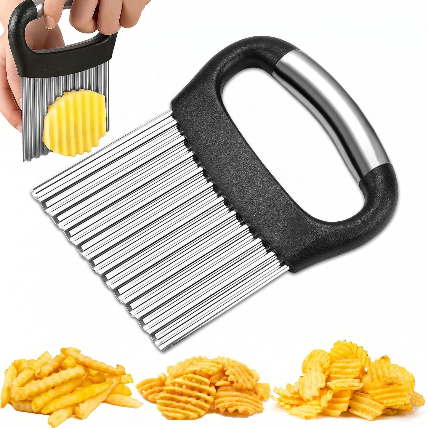 FANTEXY Crinkle Cutter for Veggies, Stainless Steel French Fry Cutter for Potatoes Cucumbers Carrot, Crinkle Cut Knife Wavy Chopper Waffle Fry Cutter, Black