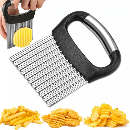 FANTEXY Crinkle Cutter for Veggies, Stainless Steel French Fry Cutter for Potatoes Cucumbers Carrot, Crinkle Cut Knife Wavy Chopper Waffle Fry Cutter, Black