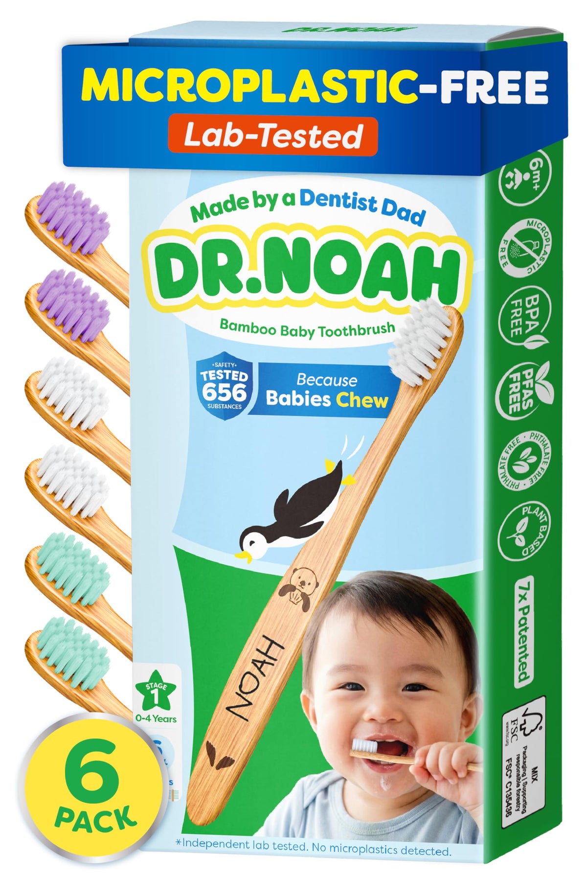Dr. Noah Microplastic-Free Bamboo Baby Toothbrush | Dentist Designed | 656 Substances Safety Tested | BPA, PFAS & Phthalate Free | 6-Pack | Soft Bristles | Infant to Toddler, 6-12 Months, Age 2-4 Kids