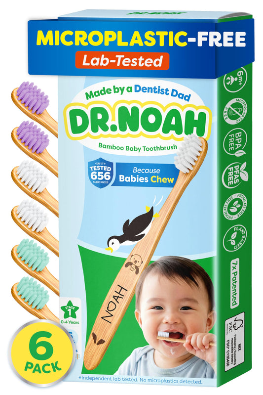 Dr. Noah Microplastic-Free Bamboo Baby Toothbrush | Dentist Designed | 656 Substances Safety Tested | BPA, PFAS & Phthalate Free | 6-Pack | Soft Bristles | Infant to Toddler, 6-12 Months, Age 2-4 Kids