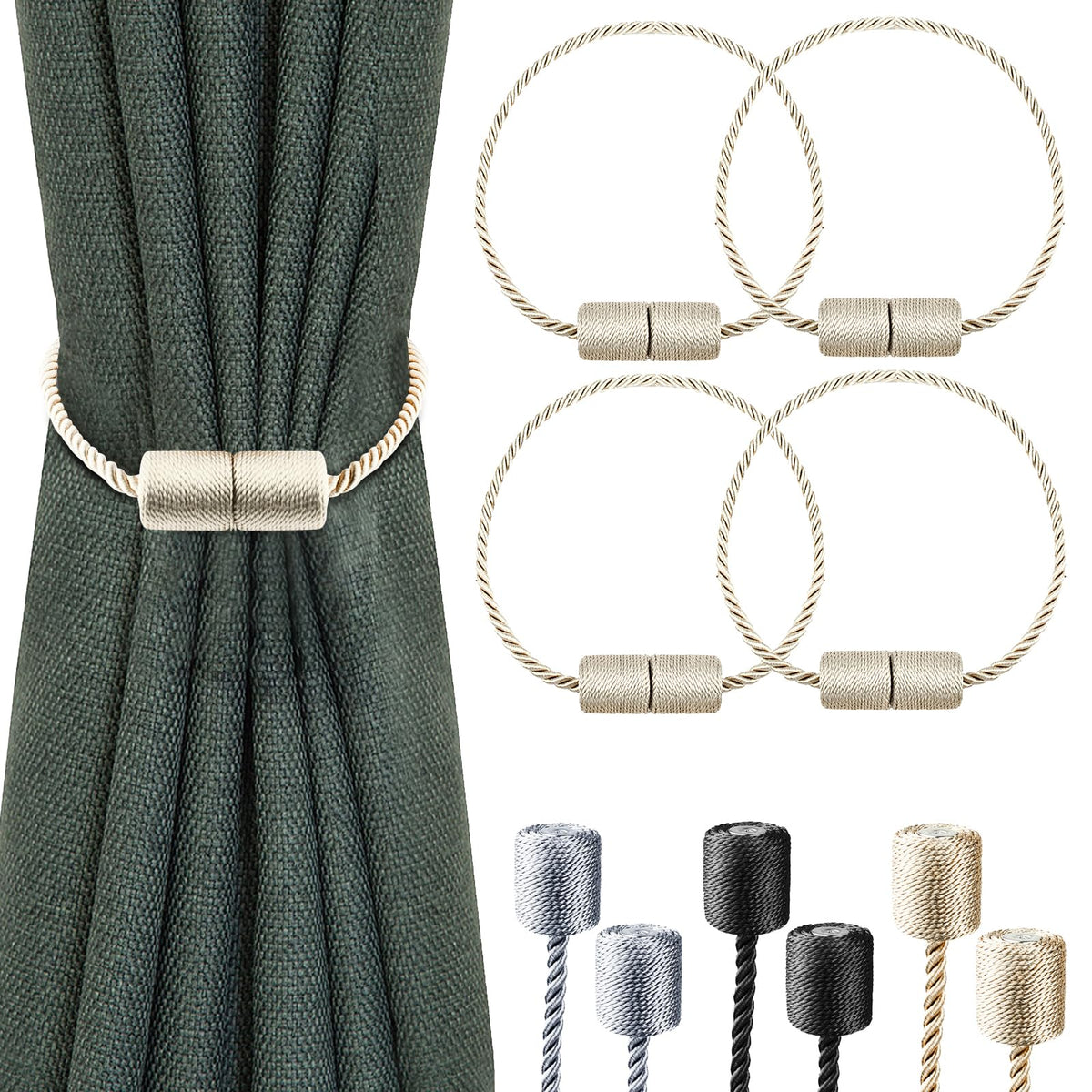 4 Pack Strong Magnetic Curtain Tiebacks with Thicker Twist Rope Decorative Tie Backs Holdbacks for Drapes Window Curtain, Beige