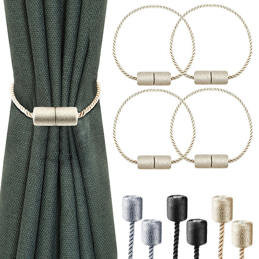 4 Pack Strong Magnetic Curtain Tiebacks with Thicker Twist Rope Decorative Tie Backs Holdbacks for Drapes Window Curtain, Beige