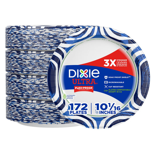 Dixie Ultra, Large Paper Plates, 10 Inch, 172 Count (4 packs of 43 plates), 3X Stronger*, Heavy Duty, Microwave-Safe, Soak-Proof, Cut Resistant, Disposable Plates For Heavy, Messy Meals
