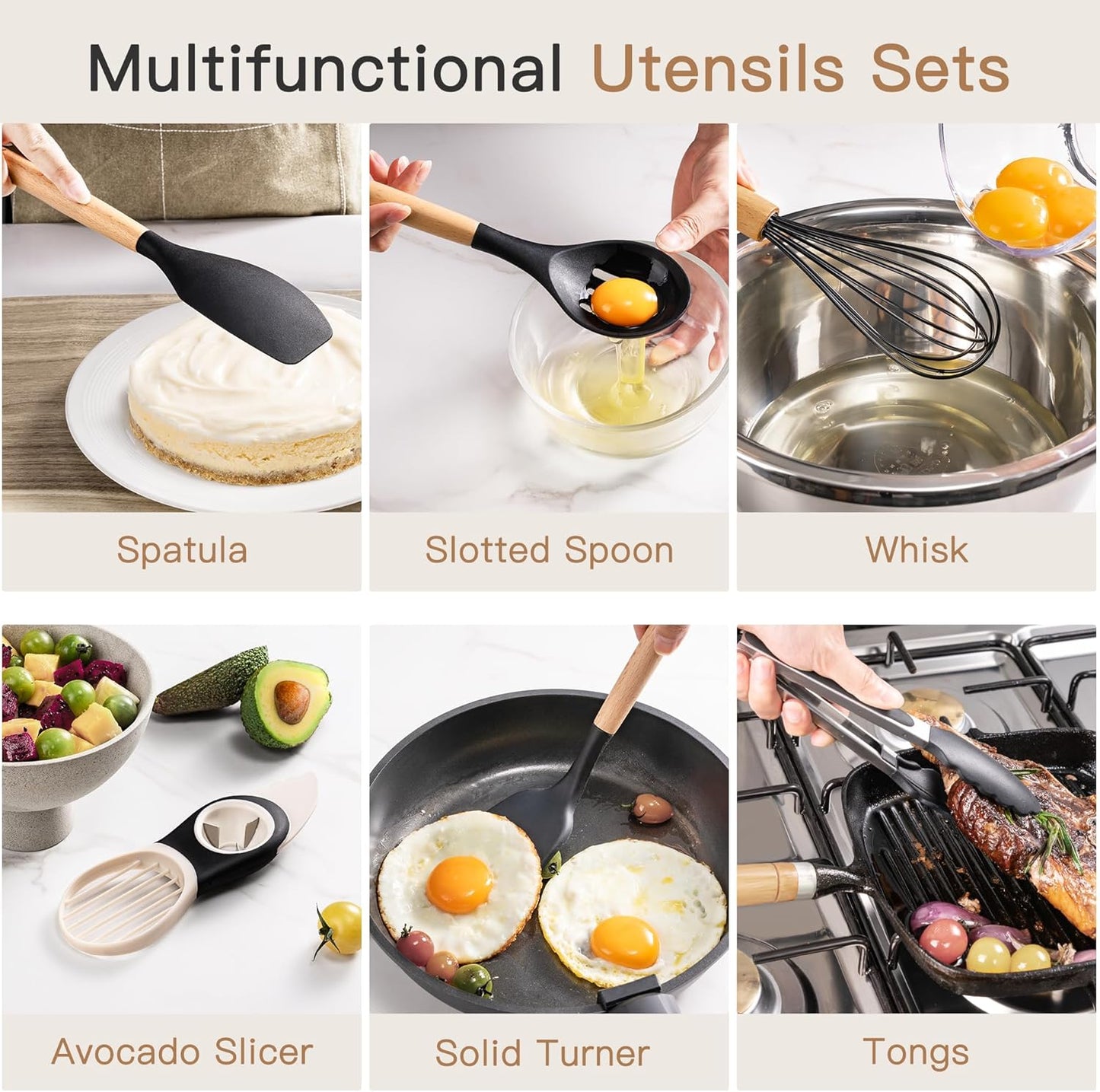 Astercook 39 PCS Kitchen Utensils Set, Silicone Cooking Utensils Set with Wooden Handle, 446°F Heat Resistant Food Grade Utensil Sets, BPA Free Kitchen Gadgets Tools Set for Nonstick Cookware (Black)
