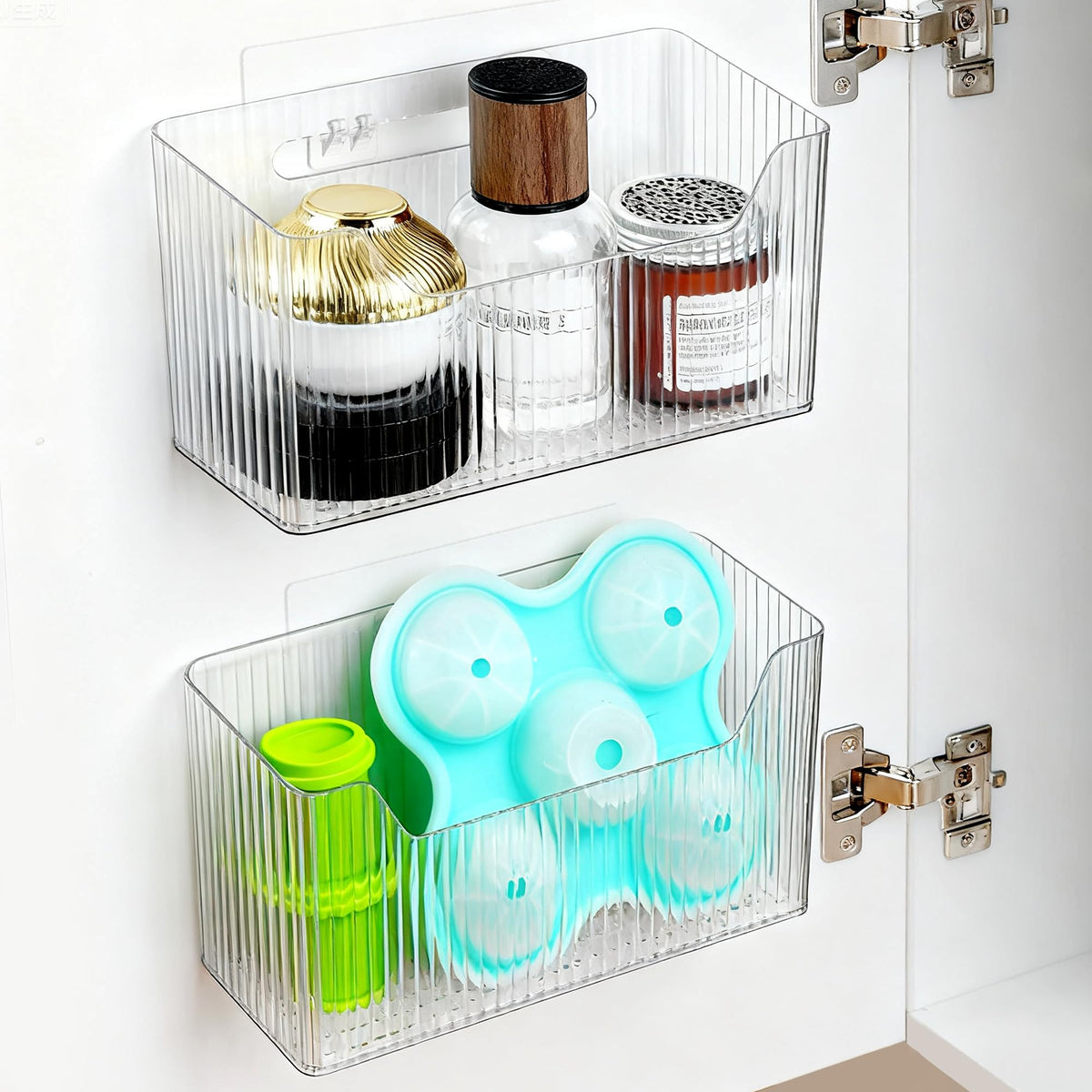 2 Pack Cabinet Door Organizer, Adhesive Wall Mounted Organizer Bins, Clear Storage Caddy, Stackable Basket for Kitchen Cabinets, Bathroom, Pantry