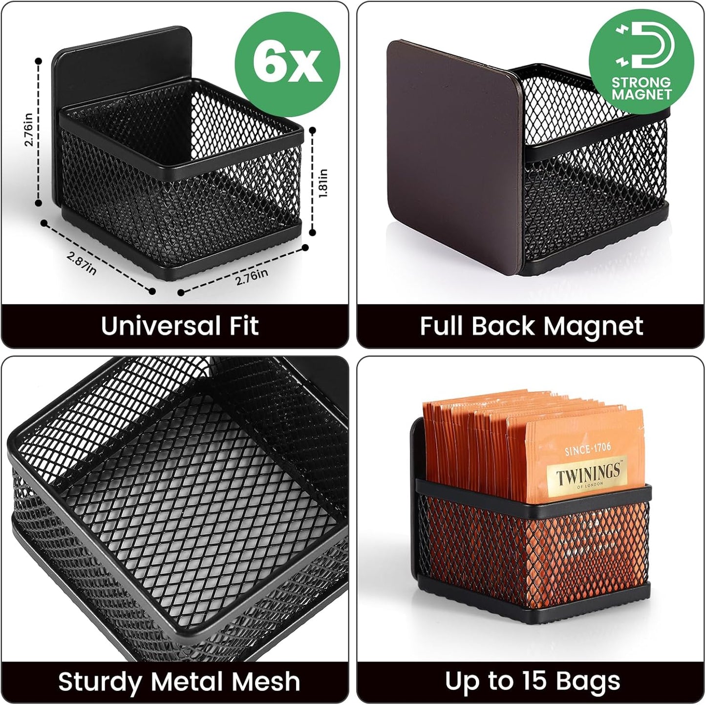Magnetic Tea Bag Organizer - 6-Piece Metal Tea Organizer for Refrigerator, Kitchen Shelf and Counter, Stylish & Space Saving Tea Organizers and Storage