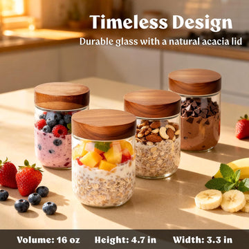 Overnight Oats Containers with Lids Acacia (4 x 16oz) Glass Jars for Oatmeal, Meal Prep, Food Storage| Leak-Proof Mason Jars for Oats, Cereal