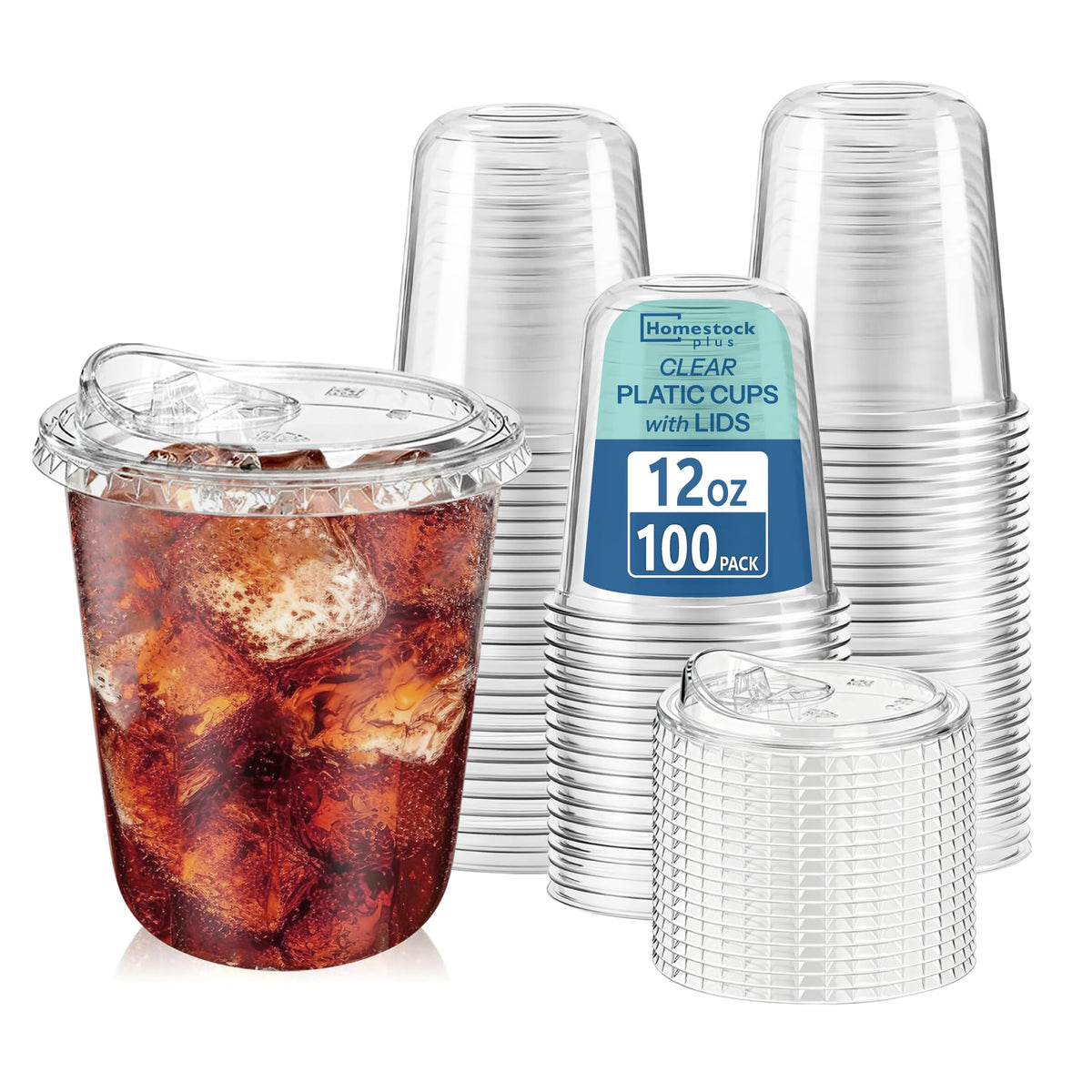 Homestockplus 100 Pack 12 oz BPA-Free Clear Plastic Cups with Sip Lids - Leak-Proof Round Bottom Disposable Iced Coffee Cups for Kids, To-Go Drinks, Smoothies, Juice & Small Portion Cold Beverages