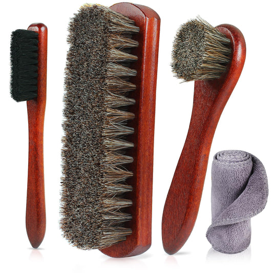 Rolett 4-Piece Horsehair Shoe Brush Shine Kit - Horse Hair Brush for Leather, Premium Shoe Polish brush, Leather Shoe Boot Brushes for Cleaning and Polishing