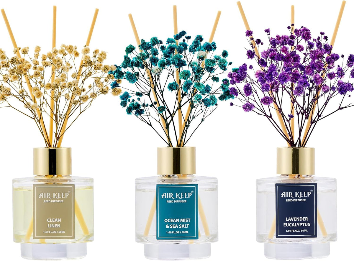 Airkeep Reed Diffuser Set of 3, Clean Linen Ocean Mist&Sea Salt Lavender Eucalyptus Oil Reed Diffusers