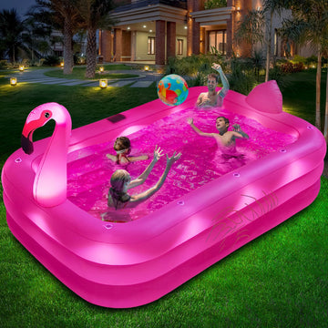 Inflatable Pool with Lights, Solar Flamingo Swimming Pool for Kids, Adults Inflatable Blow up Pool, Large Kiddie Pool