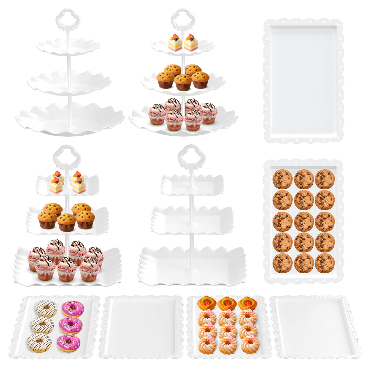Riccle 10Pcs Dessert Table Display Set, 3 Tiered Cupcake Stand, Cupcake Holder & Cake Stands, Dessert Display Serving Trays for Party, Bridal Shower, Baby Shower, Tea Party, and Birthdays