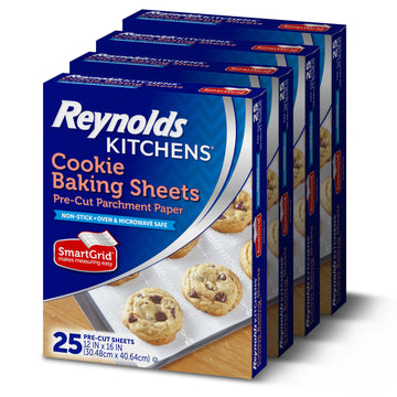 Reynolds Kitchens Cookie Baking Sheets, Pre-Cut Parchment Paper, 25 Count per Pack (Pack of 4), 100 Sheets Total