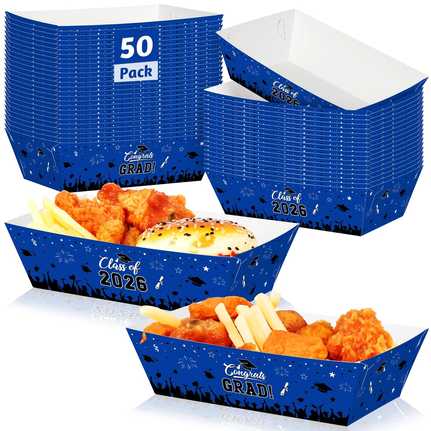 50 Pcs Graduation Decorations 2026, 2 Styles Graduation Food Trays Blue Serving Trays, Congrats Grad Class of 2026 Disposable Paper Plates Easy to Assemble Grad Table Decor Hot Dog for Party Supplies