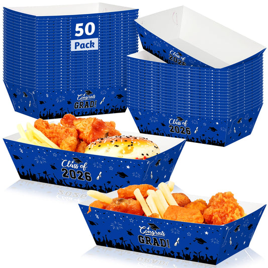 50 Pcs Graduation Decorations 2026, 2 Styles Graduation Food Trays Blue Serving Trays, Congrats Grad Class of 2026 Disposable Paper Plates Easy to Assemble Grad Table Decor Hot Dog for Party Supplies
