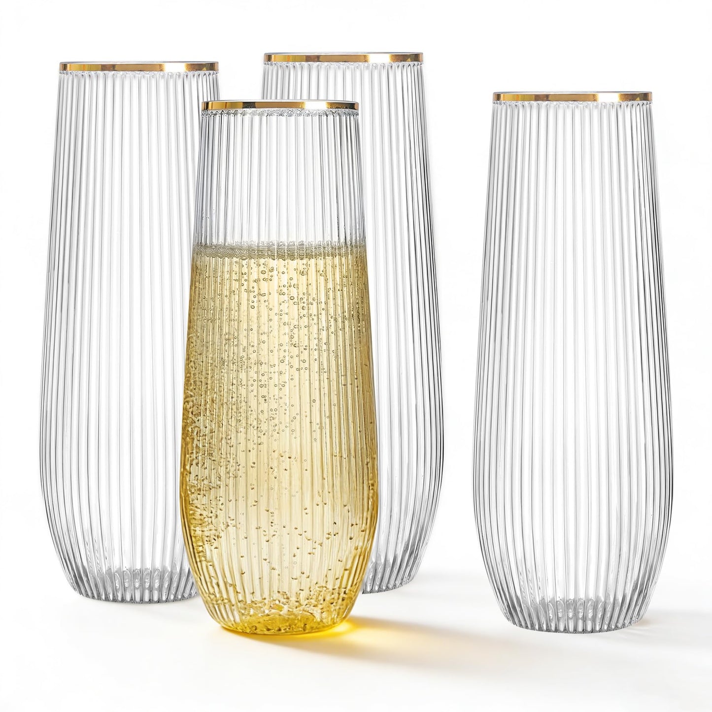 HOMIP 36pcs Plastic Champagne Flutes with Gold Rim - 9oz BPA-free Disposable Champagne Glasses, Ribbed Ripple Design for Weddings, Parties, Bars & Events (Stemless, Durable)