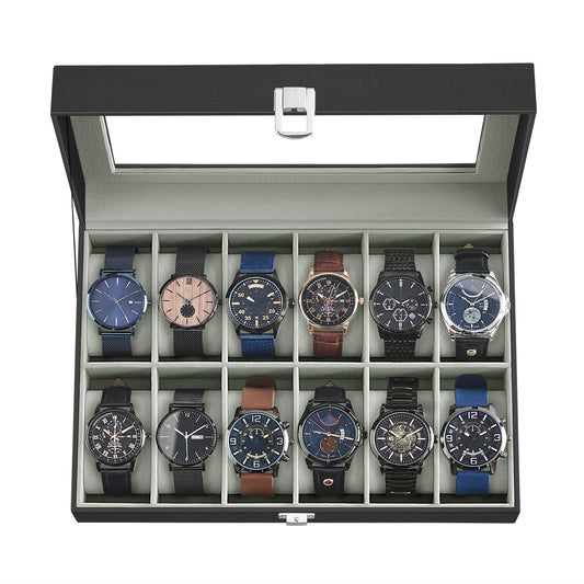 SONGMICS Watch Box, 12-Slot Watch Case Organizer with Large Glass Lid, Removable Pillows, Gift for Loved Ones, Black Synthetic Leather, Gray Lining UJWB12BK