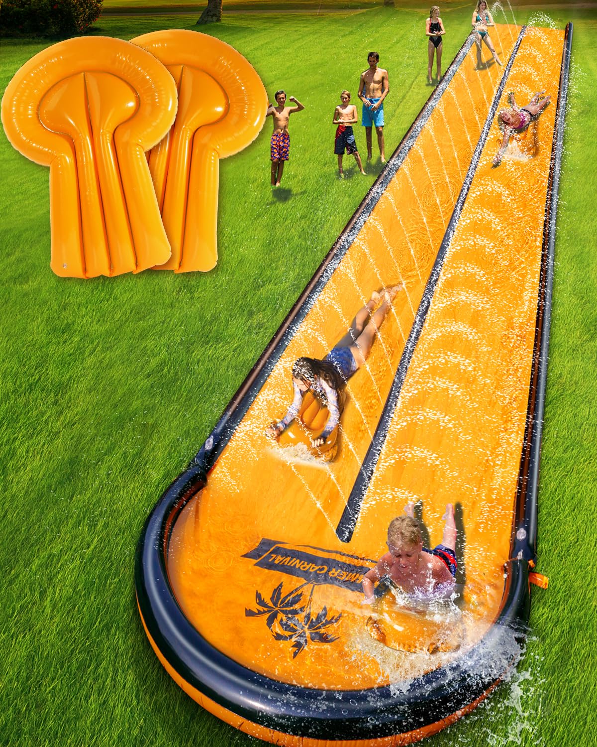 32ft Slip Water and Slide for Kids Adults, Extra Long Backyard Water Slide with Pool and 2 Inflatable Bodyboards, Summer Outdoor Games Water Toys