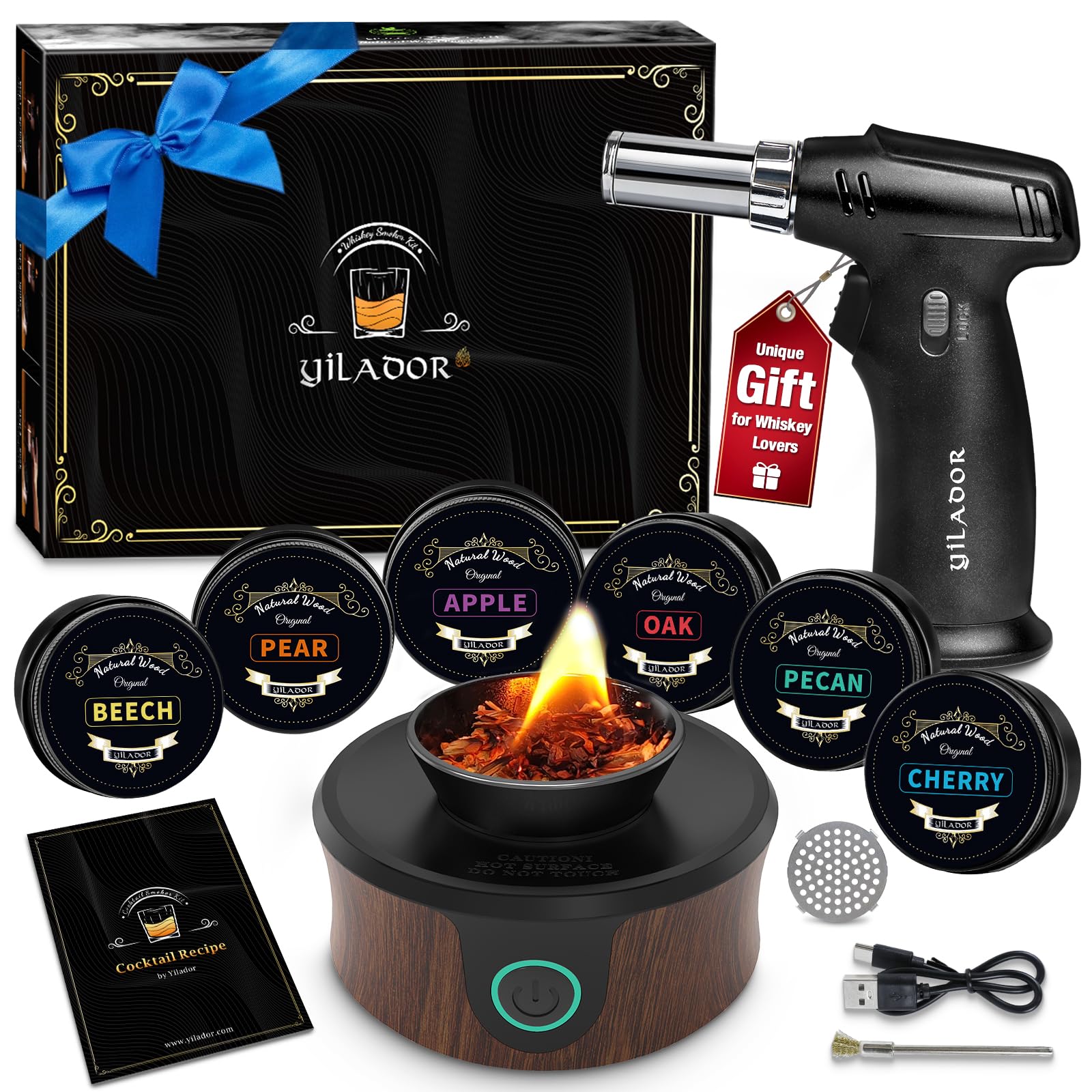 Electric Whiskey Smoker Kit with Torch, Father Day Gift for Whiskey Lover, 6 Wood Chips – Infuse Rich Smoky Flavors in Bourbon Old Fashioned & Cocktails, Birthday Gifts for Him, Dad (Without Butane)