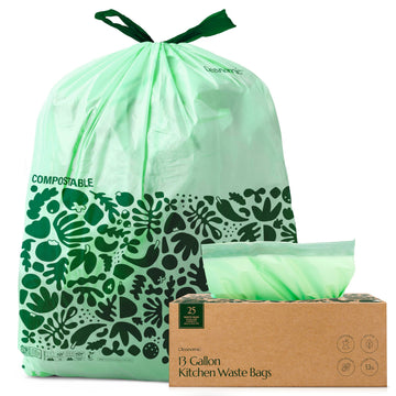 Cleanomic Compostable* Trash Bags with Drawstring (13 Gallon, 25 Units, Tall), Bpi Certified For Kitchen Compost