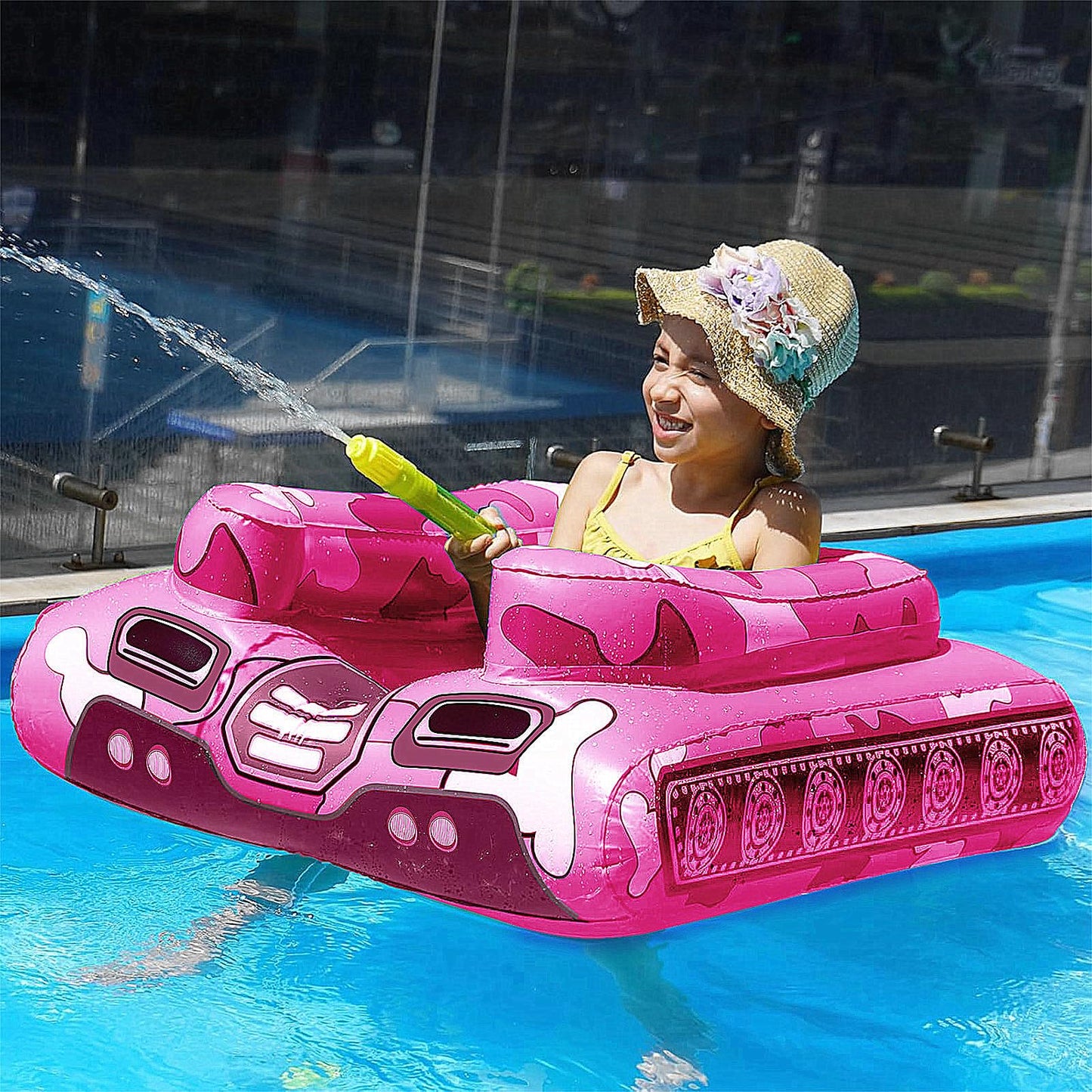 Tank Pool Floats Kids Adults - Jasonwell Inflatable Pool Floaties Swimming Pool Tank with Water Cannon Gun Swim Floaty Rafts Lake Beach Party Pool Toys for Boys Girls Toddlers Kids (Rose, M)