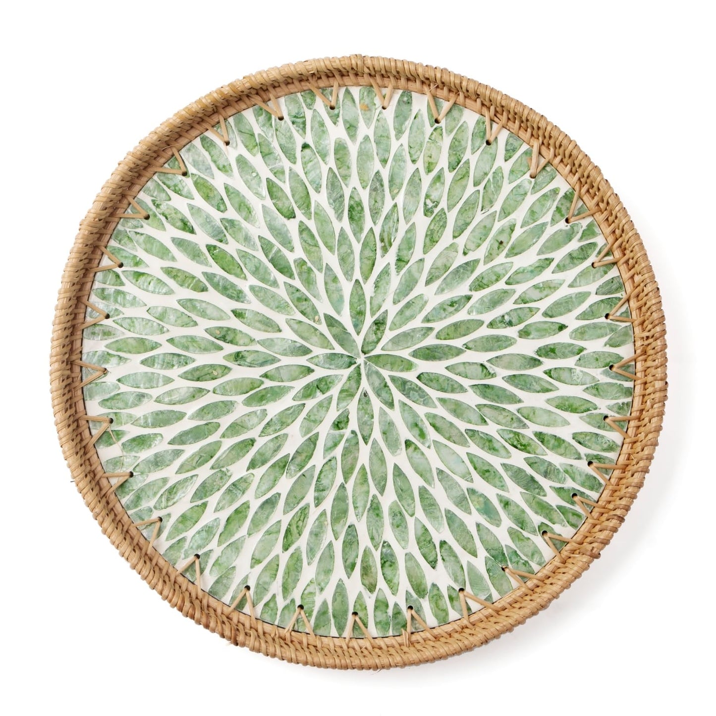 Round Rattan Tray with Mother of Pearl Inlay, Decorative Wicker Serving Tray with Wooden Base, Woven Basket Trays for Bread Fruits Coffee, Leaf