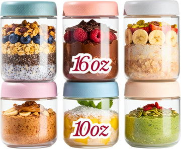 CATIFLIN 6-Pack Overnight Oats Containers with Lids, 16oz & 10oz Glass Mason Jars, Airtight Wide-Mouth Food Storage Containers for Meal Prep, Yogurt