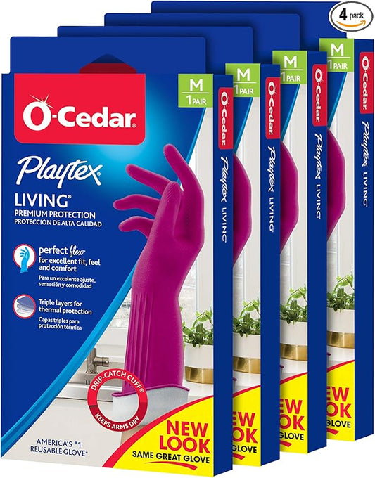 O-Cedar Playtex Gloves Living Reuseable Rubber Cleaning Gloves, Premium Protection, Size - Medium (1 Pair) - 4 Pack